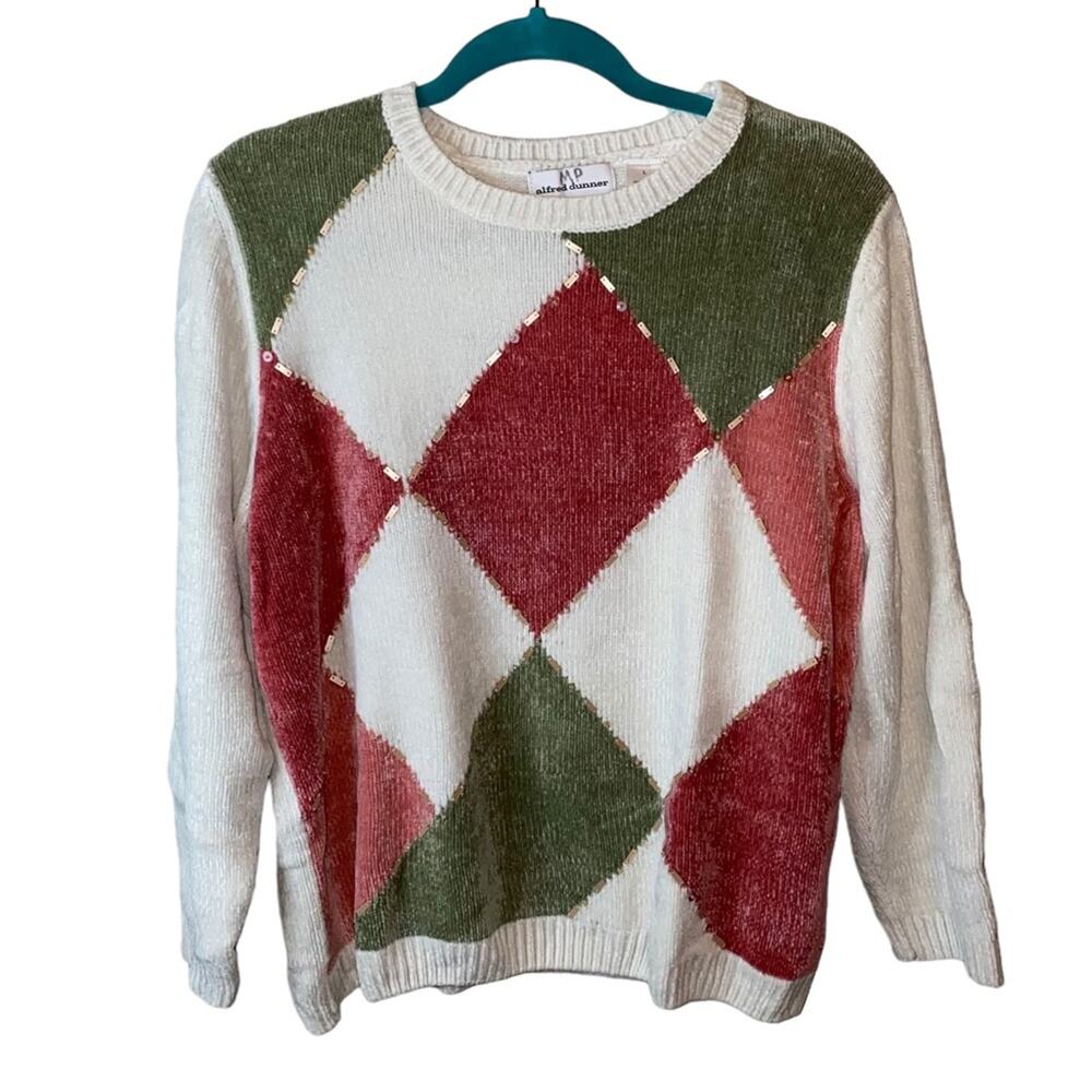Alfred‎ Dunner Argyle Chenille Sweater Women's Large Cozy Cottagecore Pullover